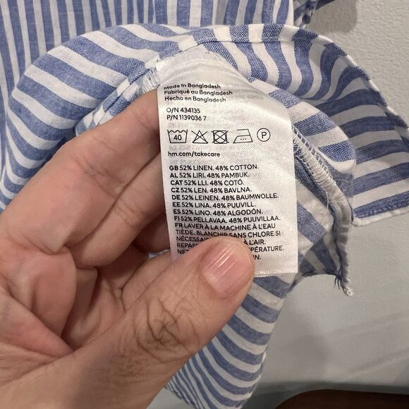H & M Linen Blend Blue White Striped Tunic Mini Dress Size M Beach Vacation Chic - Picture 4 of 7